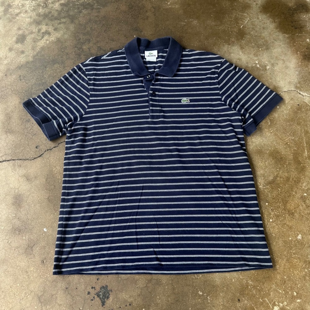 Lacoste Polo Shirt Mens 6 medium Navy Blue Striped Excellent Short Sleeve Pique